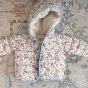 Baby Boden Floral Hooded Jacket with Blue Trim